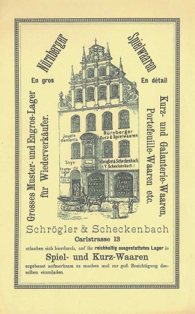 Werbeblatt der Spielwarenhandlung Schrögler & Schreckenbach, um 1890